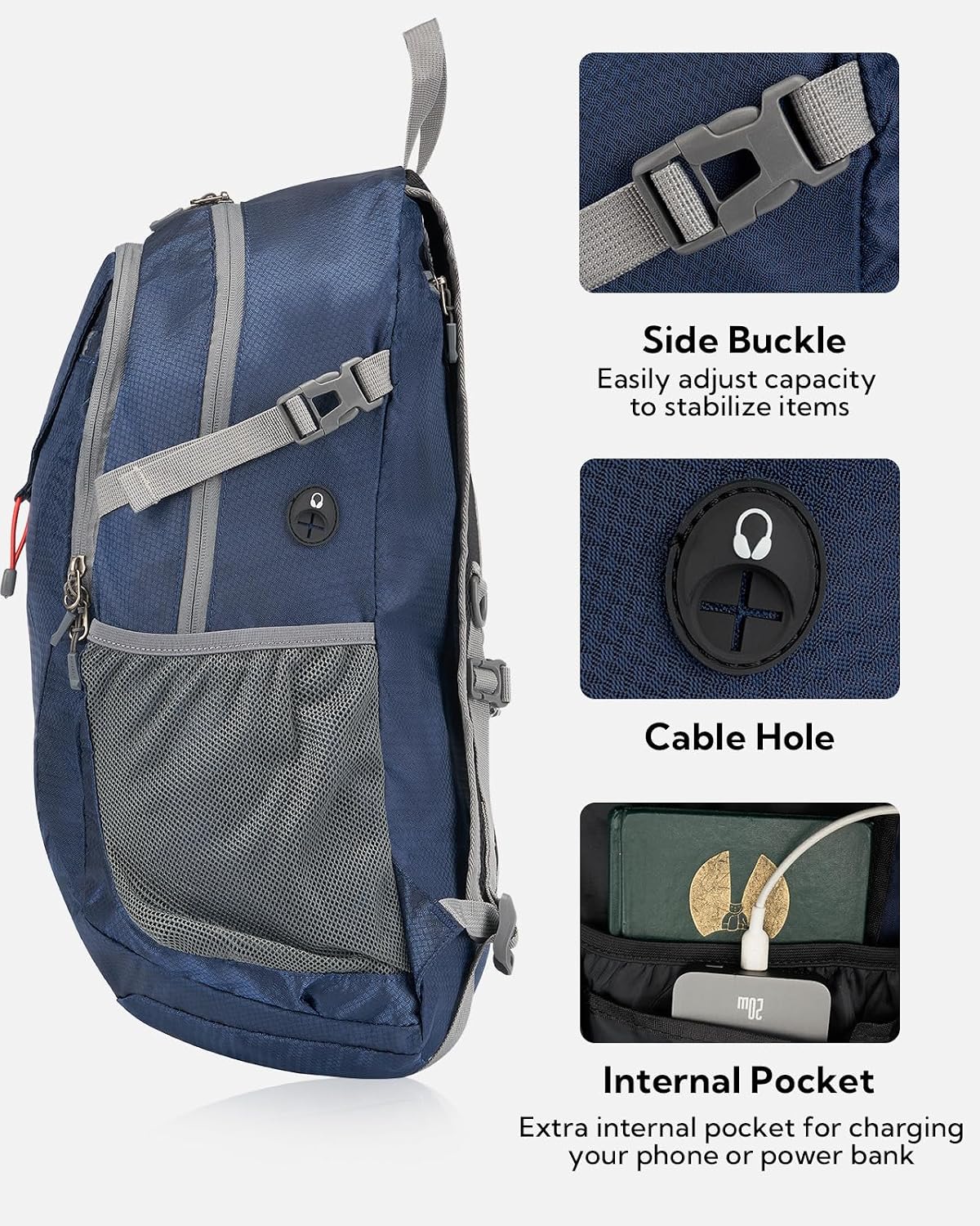Lightweight Packable Hiking Backpack, 30L Day Pack Blue | Water Resistant Foldable Travel Daypack with Multiple Pockets, Wet Pocket, Ultralight Day Pack for Woman Man, Everyday Carry