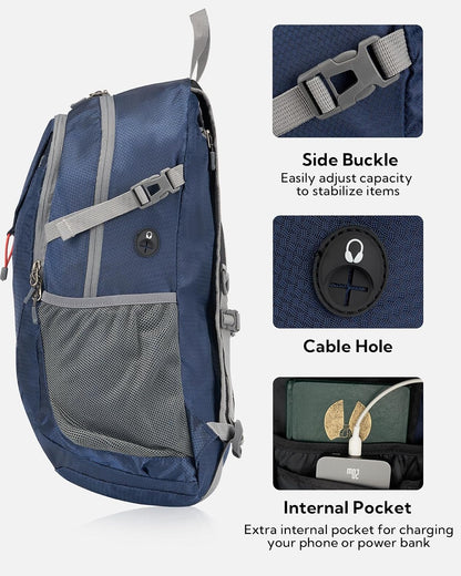 Lightweight Packable Hiking Backpack, 30L Day Pack Blue | Water Resistant Foldable Travel Daypack with Multiple Pockets, Wet Pocket, Ultralight Day Pack for Woman Man, Everyday Carry