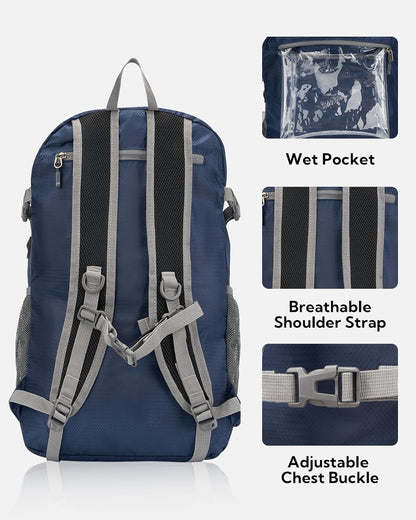 Lightweight Packable Hiking Backpack, 30L Day Pack Blue | Water Resistant Foldable Travel Daypack with Multiple Pockets, Wet Pocket, Ultralight Day Pack for Woman Man, Everyday Carry