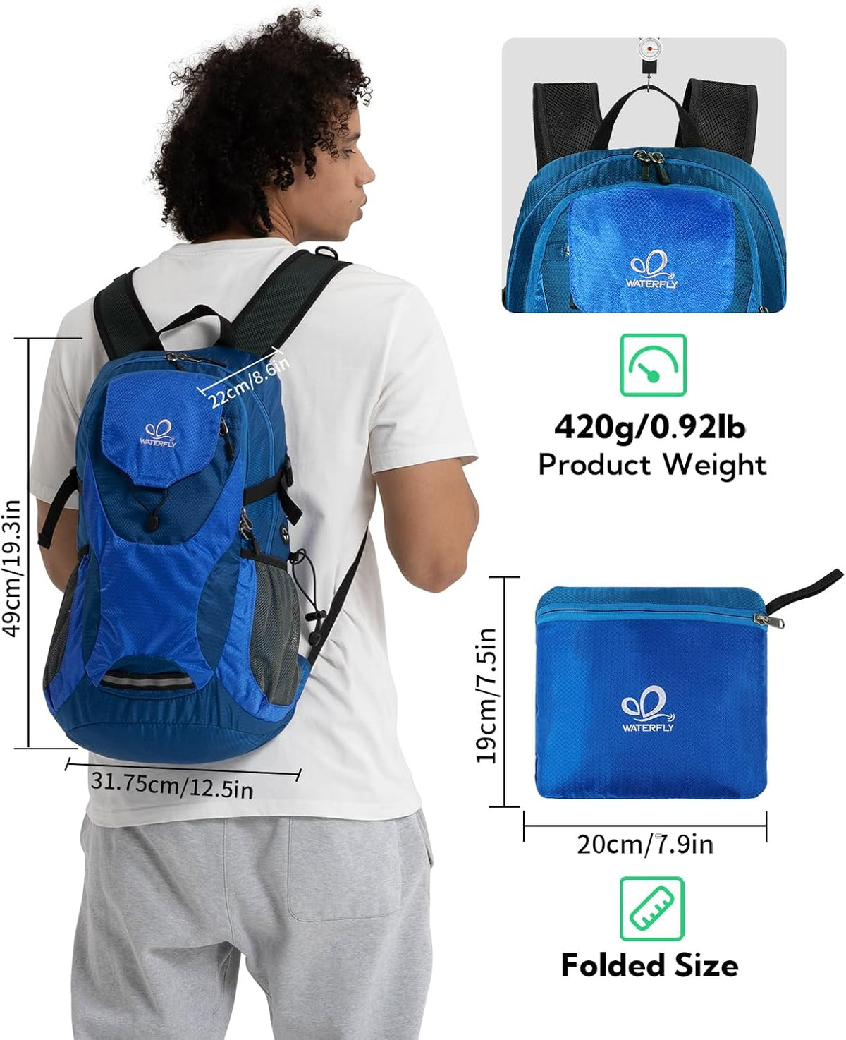 Lightweight Packable Hiking Backpack, 30L Day Pack Blue | Water Resistant Foldable Travel Daypack with Multiple Pockets, Wet Pocket, Ultralight Day Pack for Woman Man, Everyday Carry