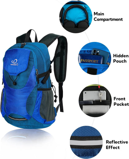 Lightweight Packable Hiking Backpack, 30L Day Pack Blue | Water Resistant Foldable Travel Daypack with Multiple Pockets, Wet Pocket, Ultralight Day Pack for Woman Man, Everyday Carry