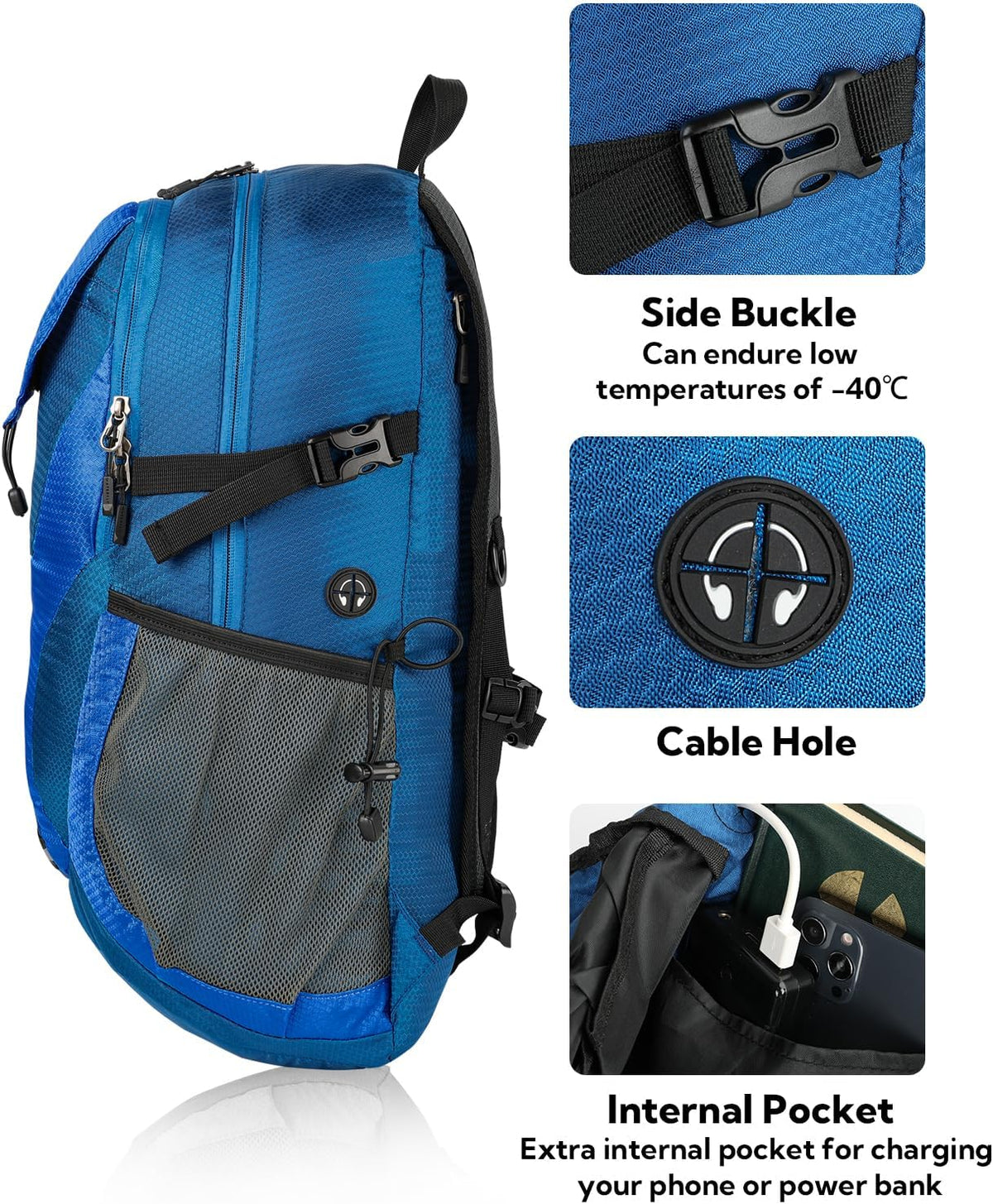 Lightweight Packable Hiking Backpack, 30L Day Pack Blue | Water Resistant Foldable Travel Daypack with Multiple Pockets, Wet Pocket, Ultralight Day Pack for Woman Man, Everyday Carry