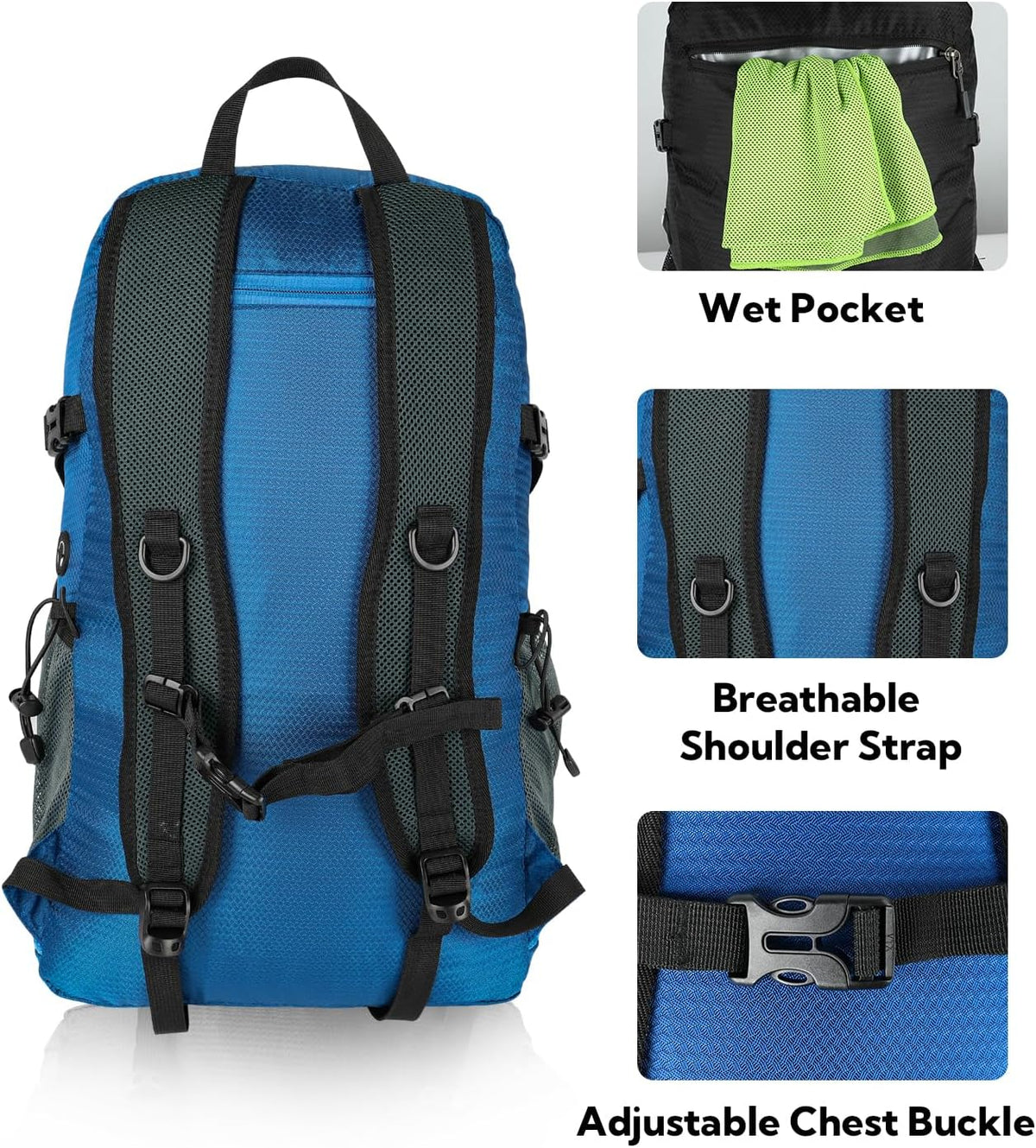 Lightweight Packable Hiking Backpack, 30L Day Pack Blue | Water Resistant Foldable Travel Daypack with Multiple Pockets, Wet Pocket, Ultralight Day Pack for Woman Man, Everyday Carry