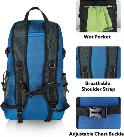 Lightweight Packable Hiking Backpack, 30L Day Pack Blue | Water Resistant Foldable Travel Daypack with Multiple Pockets, Wet Pocket, Ultralight Day Pack for Woman Man, Everyday Carry