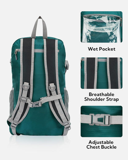 Lightweight Packable Hiking Backpack, 30L Day Pack Blue | Water Resistant Foldable Travel Daypack with Multiple Pockets, Wet Pocket, Ultralight Day Pack for Woman Man, Everyday Carry