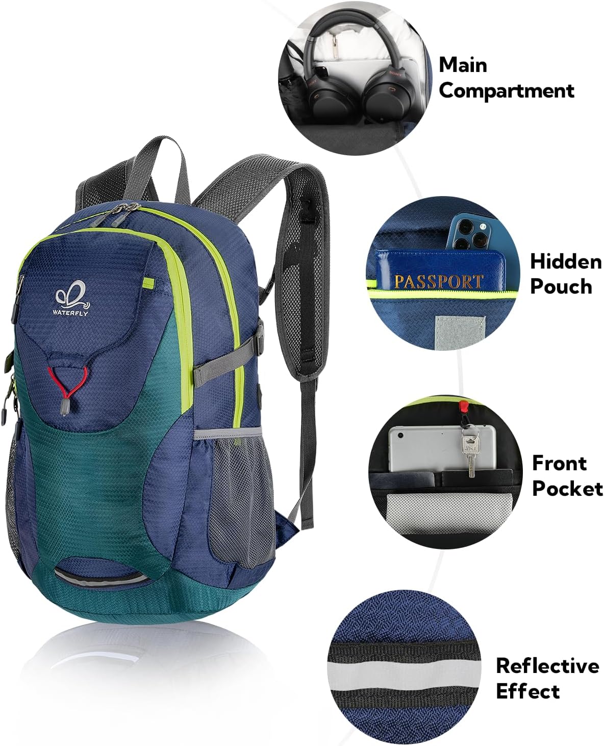 Lightweight Packable Hiking Backpack, 30L Day Pack Blue | Water Resistant Foldable Travel Daypack with Multiple Pockets, Wet Pocket, Ultralight Day Pack for Woman Man, Everyday Carry