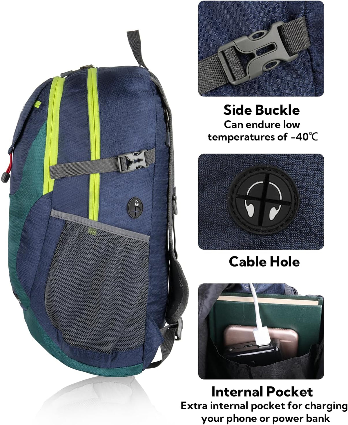Lightweight Packable Hiking Backpack, 30L Day Pack Blue | Water Resistant Foldable Travel Daypack with Multiple Pockets, Wet Pocket, Ultralight Day Pack for Woman Man, Everyday Carry