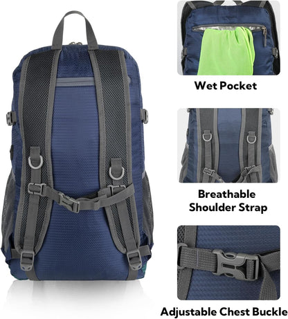 Lightweight Packable Hiking Backpack, 30L Day Pack Blue | Water Resistant Foldable Travel Daypack with Multiple Pockets, Wet Pocket, Ultralight Day Pack for Woman Man, Everyday Carry