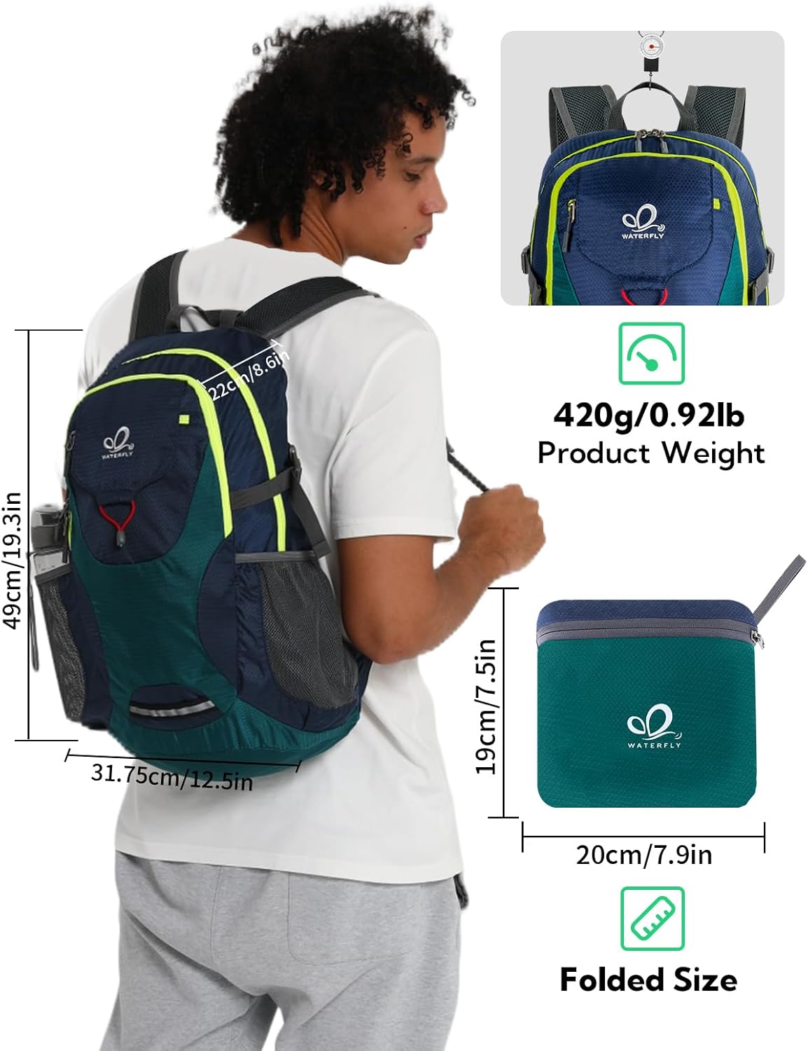 Lightweight Packable Hiking Backpack, 30L Day Pack Blue | Water Resistant Foldable Travel Daypack with Multiple Pockets, Wet Pocket, Ultralight Day Pack for Woman Man, Everyday Carry