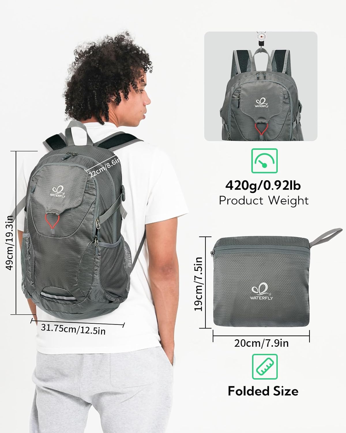 Lightweight Packable Hiking Backpack, 30L Day Pack Blue | Water Resistant Foldable Travel Daypack with Multiple Pockets, Wet Pocket, Ultralight Day Pack for Woman Man, Everyday Carry