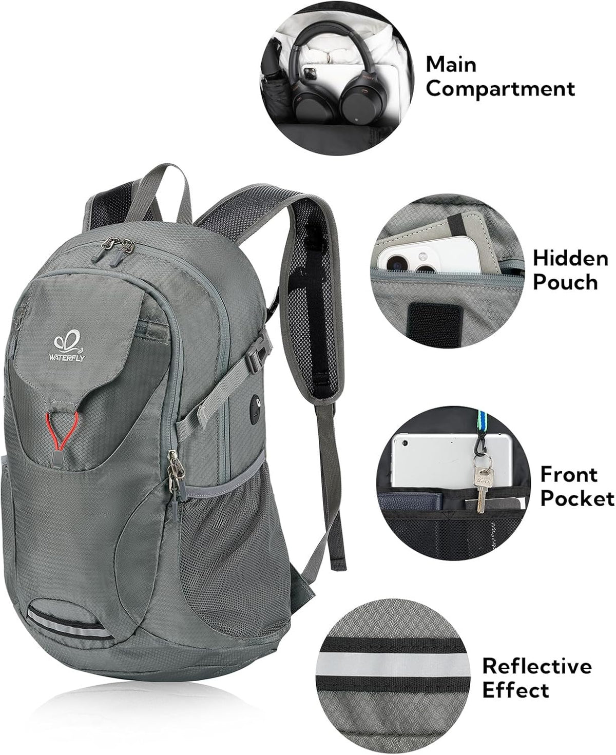 Lightweight Packable Hiking Backpack, 30L Day Pack Blue | Water Resistant Foldable Travel Daypack with Multiple Pockets, Wet Pocket, Ultralight Day Pack for Woman Man, Everyday Carry
