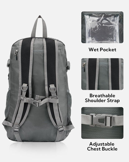 Lightweight Packable Hiking Backpack, 30L Day Pack Blue | Water Resistant Foldable Travel Daypack with Multiple Pockets, Wet Pocket, Ultralight Day Pack for Woman Man, Everyday Carry