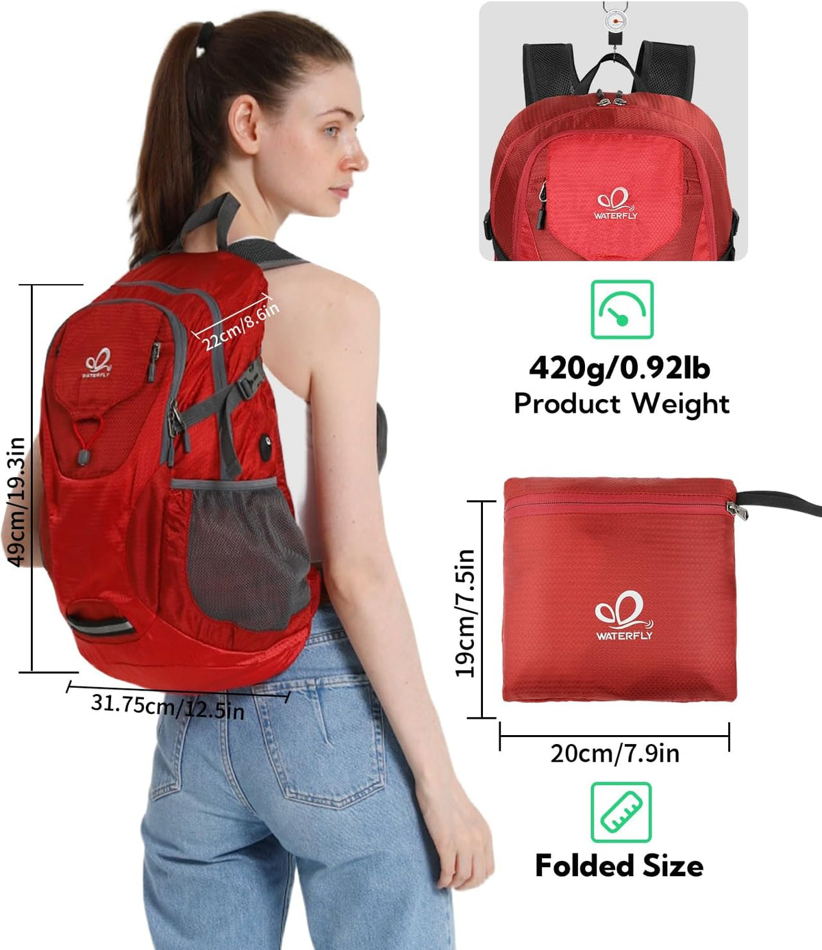 Lightweight Packable Hiking Backpack, 30L Day Pack Blue | Water Resistant Foldable Travel Daypack with Multiple Pockets, Wet Pocket, Ultralight Day Pack for Woman Man, Everyday Carry