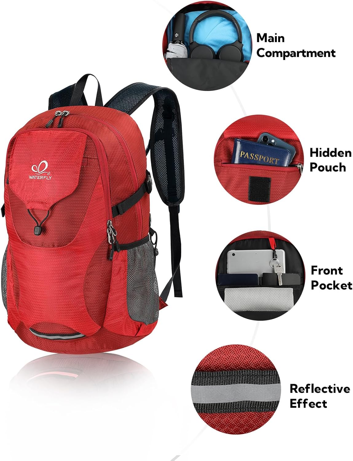 Lightweight Packable Hiking Backpack, 30L Day Pack Blue | Water Resistant Foldable Travel Daypack with Multiple Pockets, Wet Pocket, Ultralight Day Pack for Woman Man, Everyday Carry