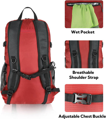 Lightweight Packable Hiking Backpack, 30L Day Pack Blue | Water Resistant Foldable Travel Daypack with Multiple Pockets, Wet Pocket, Ultralight Day Pack for Woman Man, Everyday Carry