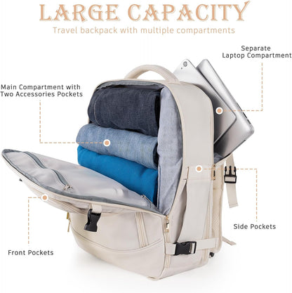 Rinlist Large Travel Backpack for Men Women, TSA Friendly Airline-approved Carry on Backpack, 40L Casual Daypack Weekender Backpack Personal Item Size, Beige