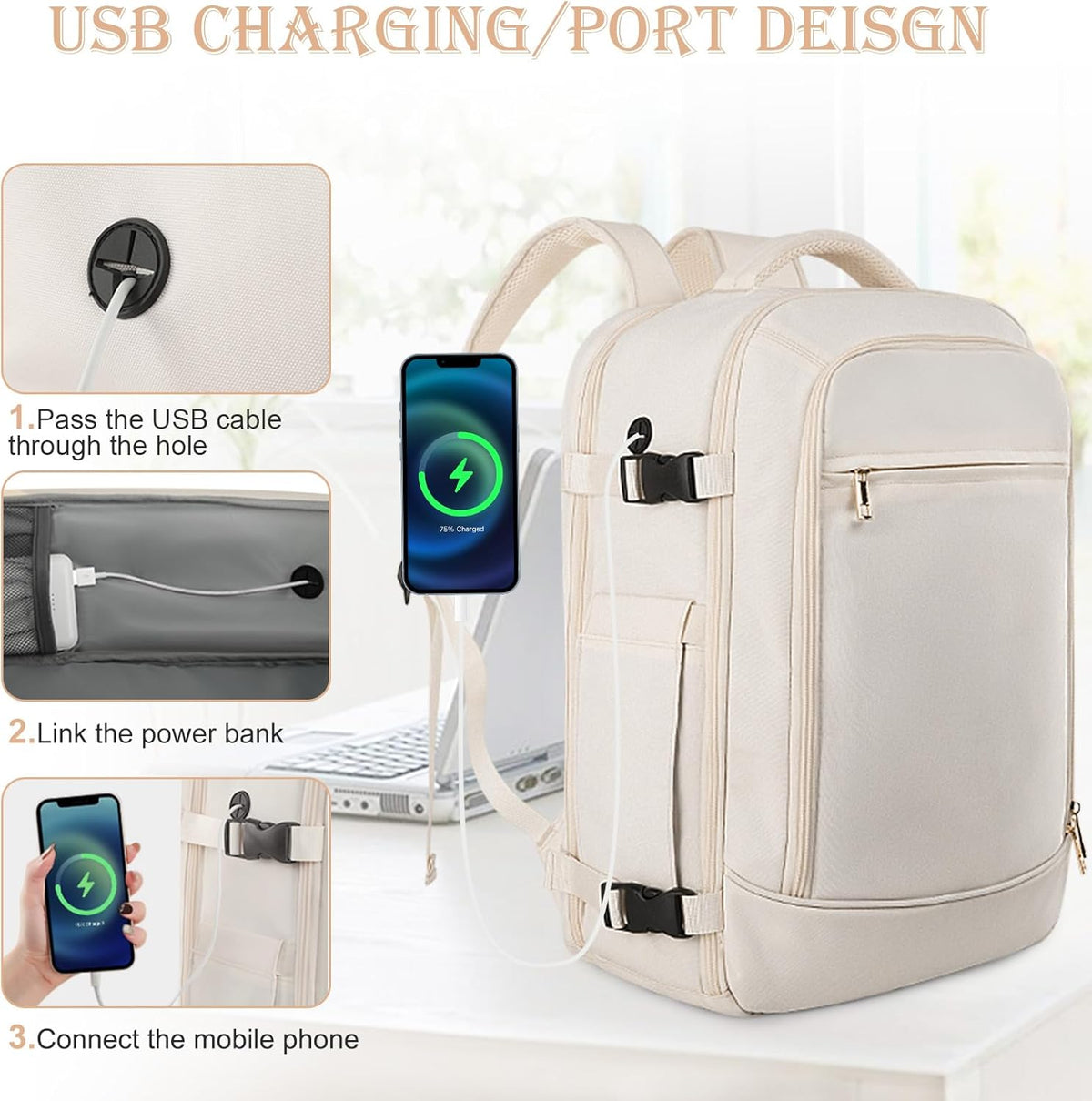Rinlist Large Travel Backpack for Men Women, TSA Friendly Airline-approved Carry on Backpack, 40L Casual Daypack Weekender Backpack Personal Item Size, Beige