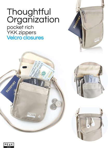 RFID Neck Wallet - The Original Travel Pouch with Adjustable Crossbody Strap + Theft Protection and Lost & Found Service | Beige