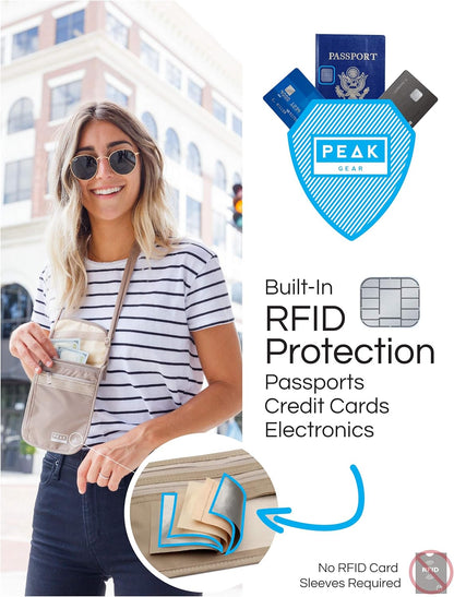 RFID Neck Wallet - The Original Travel Pouch with Adjustable Crossbody Strap + Theft Protection and Lost & Found Service | Beige
