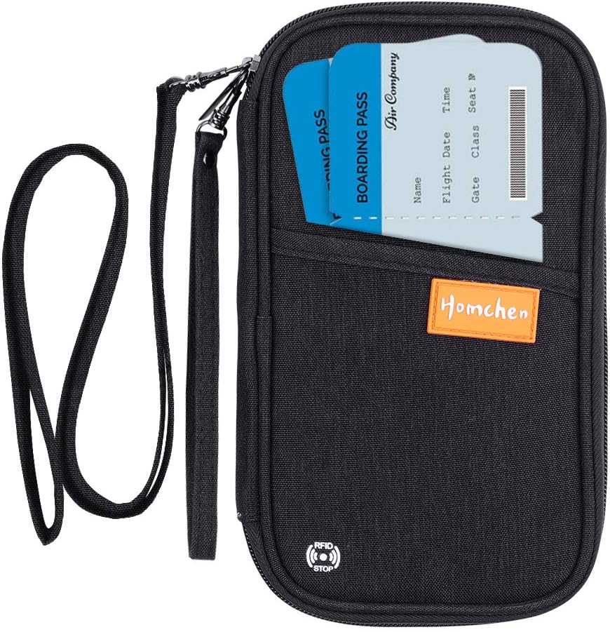 RFID Passport Wallet with Vaccine Card Slot, Family Travel Passport Holder Document Organizer Bag with Wrist & Neck Double Strap