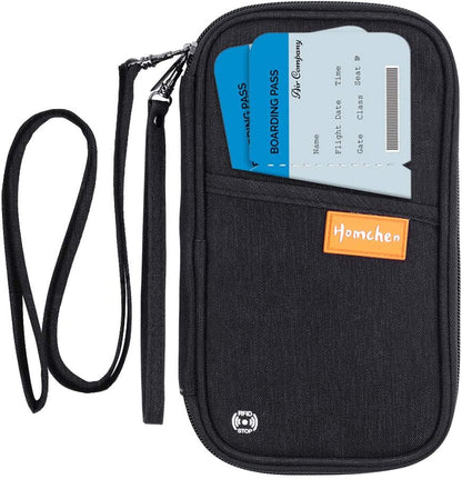 RFID Passport Wallet with Vaccine Card Slot, Family Travel Passport Holder Document Organizer Bag with Wrist & Neck Double Strap