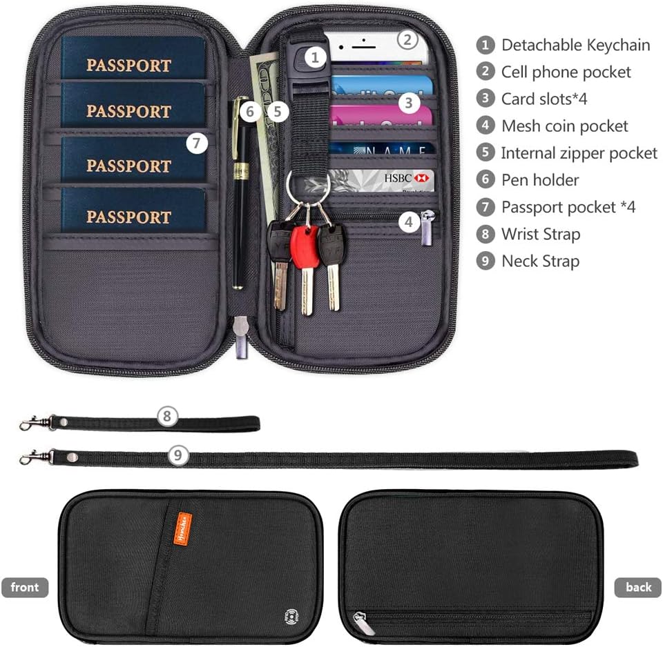 RFID Passport Wallet with Vaccine Card Slot, Family Travel Passport Holder Document Organizer Bag with Wrist & Neck Double Strap