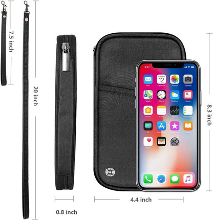 RFID Passport Wallet with Vaccine Card Slot, Family Travel Passport Holder Document Organizer Bag with Wrist & Neck Double Strap
