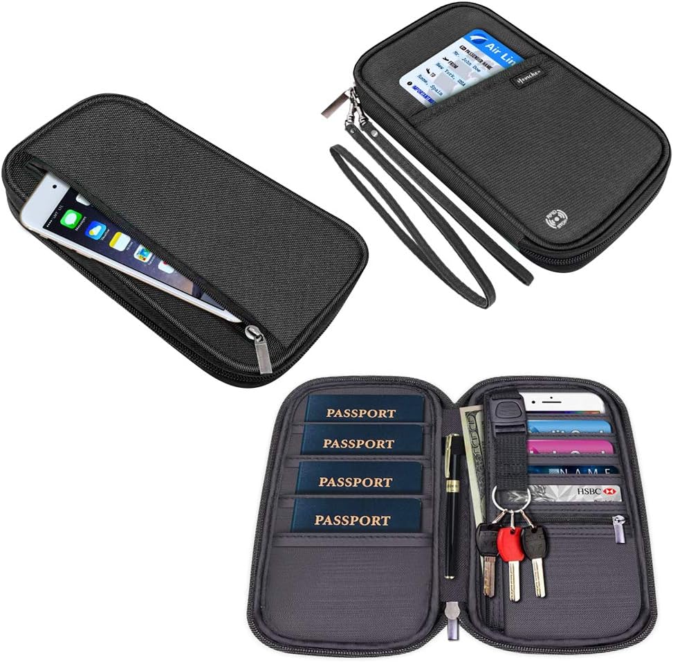 RFID Passport Wallet with Vaccine Card Slot, Family Travel Passport Holder Document Organizer Bag with Wrist & Neck Double Strap