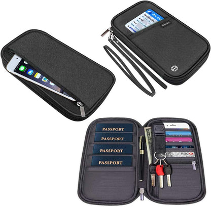 RFID Passport Wallet with Vaccine Card Slot, Family Travel Passport Holder Document Organizer Bag with Wrist & Neck Double Strap