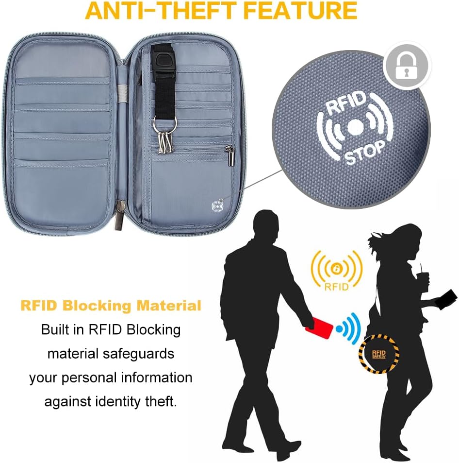 RFID Passport Wallet with Vaccine Card Slot, Family Travel Passport Holder Document Organizer Bag with Wrist & Neck Double Strap