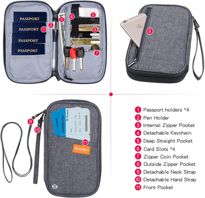 RFID Passport Wallet with Vaccine Card Slot, Family Travel Passport Holder Document Organizer Bag with Wrist & Neck Double Strap