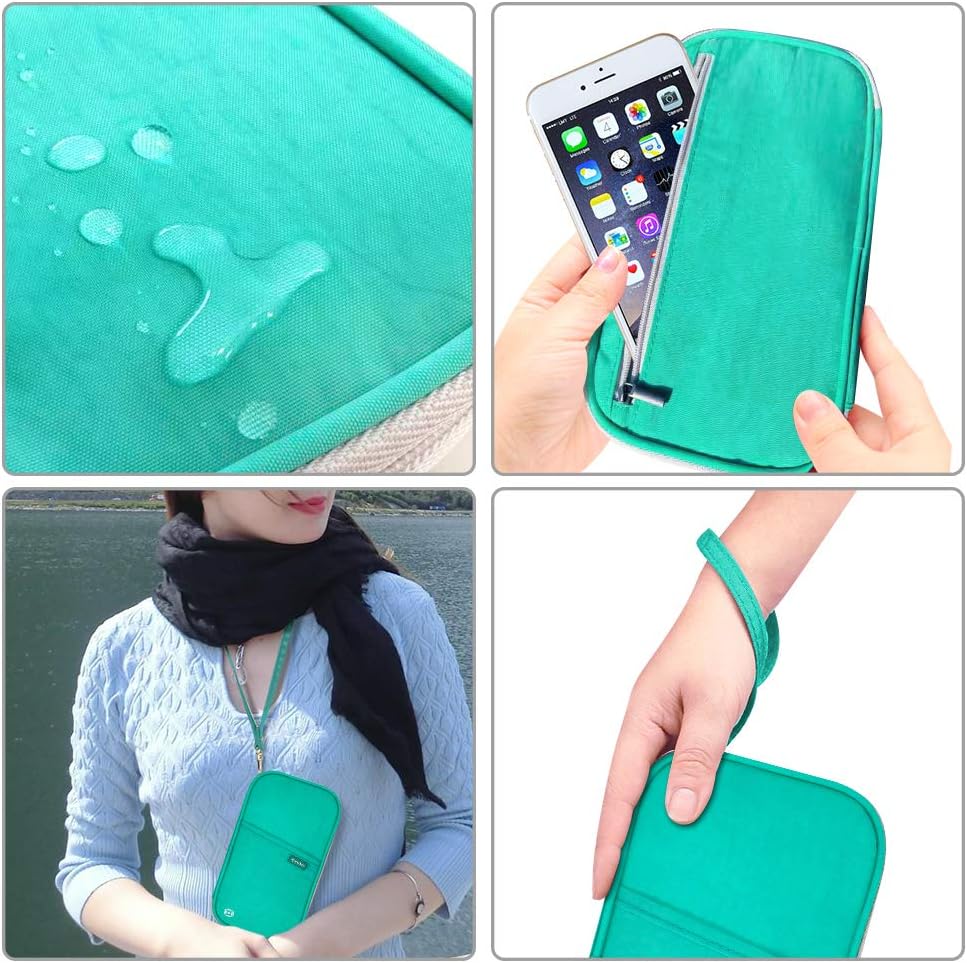 RFID Passport Wallet with Vaccine Card Slot, Family Travel Passport Holder Document Organizer Bag with Wrist & Neck Double Strap