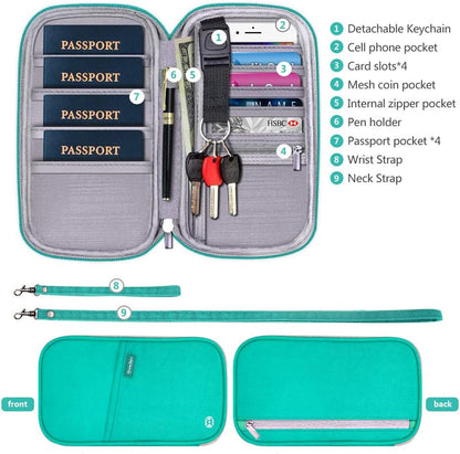 RFID Passport Wallet with Vaccine Card Slot, Family Travel Passport Holder Document Organizer Bag with Wrist & Neck Double Strap