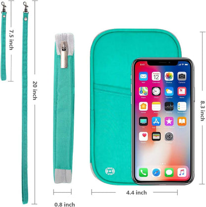 RFID Passport Wallet with Vaccine Card Slot, Family Travel Passport Holder Document Organizer Bag with Wrist & Neck Double Strap