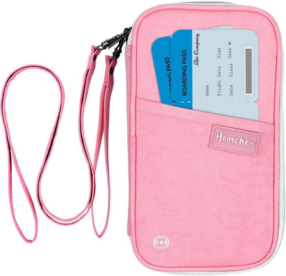 RFID Passport Wallet with Vaccine Card Slot, Family Travel Passport Holder Document Organizer Bag with Wrist & Neck Double Strap
