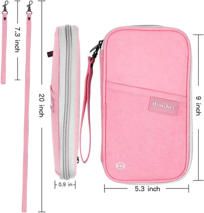 RFID Passport Wallet with Vaccine Card Slot, Family Travel Passport Holder Document Organizer Bag with Wrist & Neck Double Strap