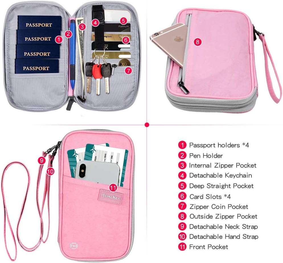 RFID Passport Wallet with Vaccine Card Slot, Family Travel Passport Holder Document Organizer Bag with Wrist & Neck Double Strap
