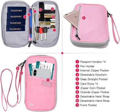 RFID Passport Wallet with Vaccine Card Slot, Family Travel Passport Holder Document Organizer Bag with Wrist & Neck Double Strap