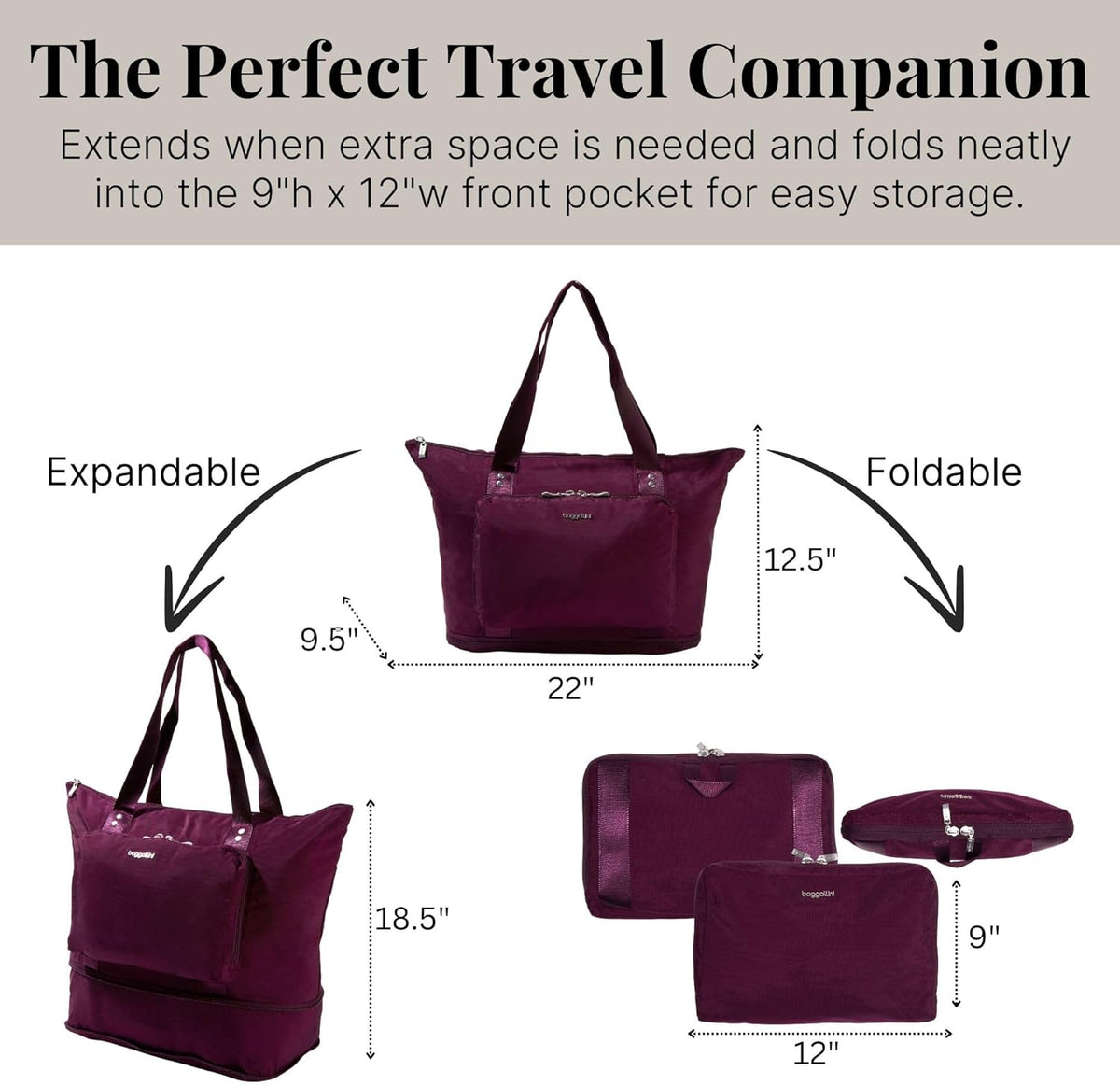 Carryall Expandable Lightweight Travel Tote 22" Packable Folding Compact Nylon Washable Weekender w/Luggage Sleeve