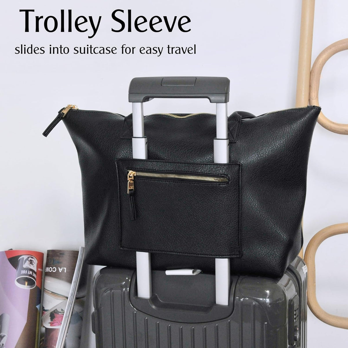 Tote Bag for Women with Zipper Vegan Leather Handbag with Trolley Sleeve Travel Weekender Carryall Bag