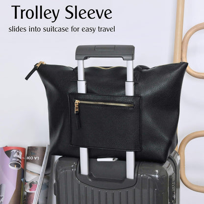 Tote Bag for Women with Zipper Vegan Leather Handbag with Trolley Sleeve Travel Weekender Carryall Bag
