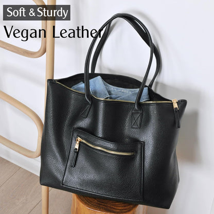 Tote Bag for Women with Zipper Vegan Leather Handbag with Trolley Sleeve Travel Weekender Carryall Bag