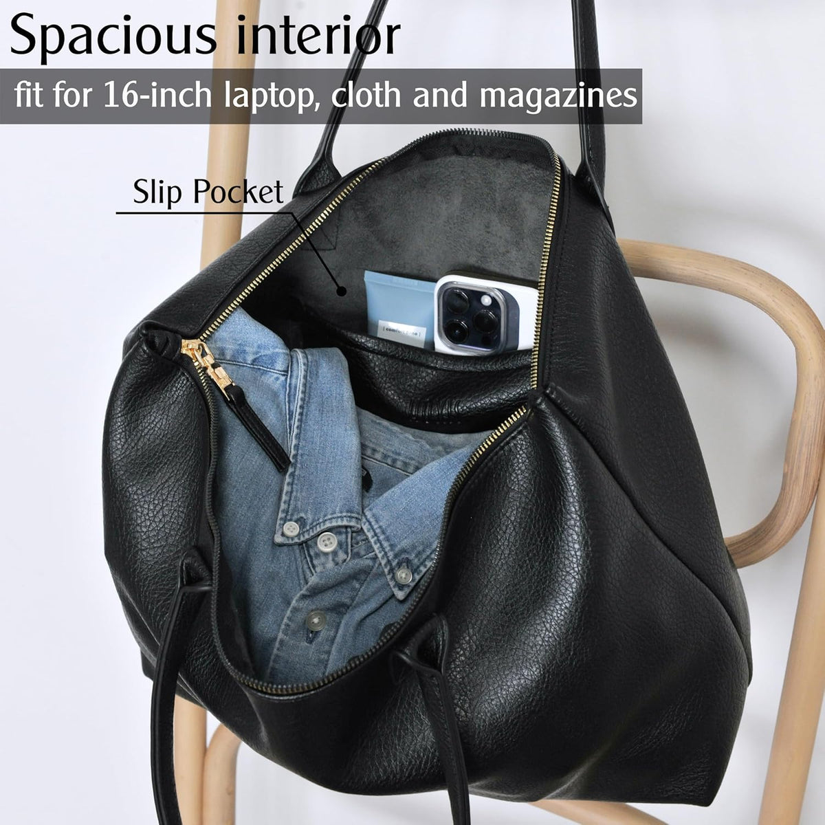Tote Bag for Women with Zipper Vegan Leather Handbag with Trolley Sleeve Travel Weekender Carryall Bag