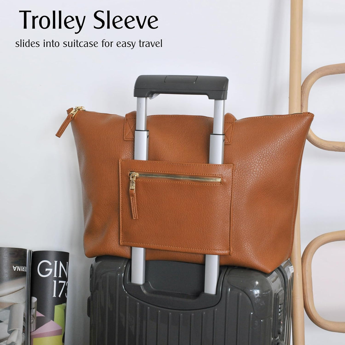 Tote Bag for Women with Zipper Vegan Leather Handbag with Trolley Sleeve Travel Weekender Carryall Bag