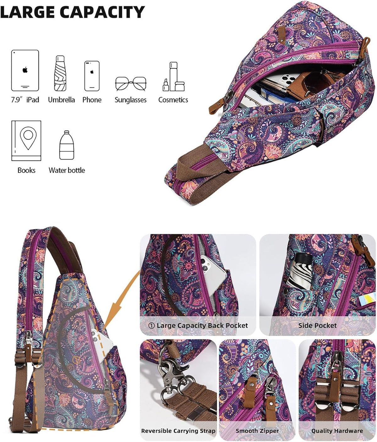 Canvas Sling Bag - Small Crossbody Backpack Shoulder Casual Daypack Rucksack for Men Women(Large Version,Khaki)