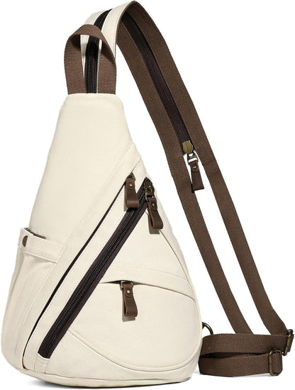 Canvas Sling Bag - Small Crossbody Backpack Shoulder Casual Daypack Rucksack for Men Women(Large Version,Khaki)