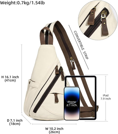 Canvas Sling Bag - Small Crossbody Backpack Shoulder Casual Daypack Rucksack for Men Women(Large Version,Khaki)