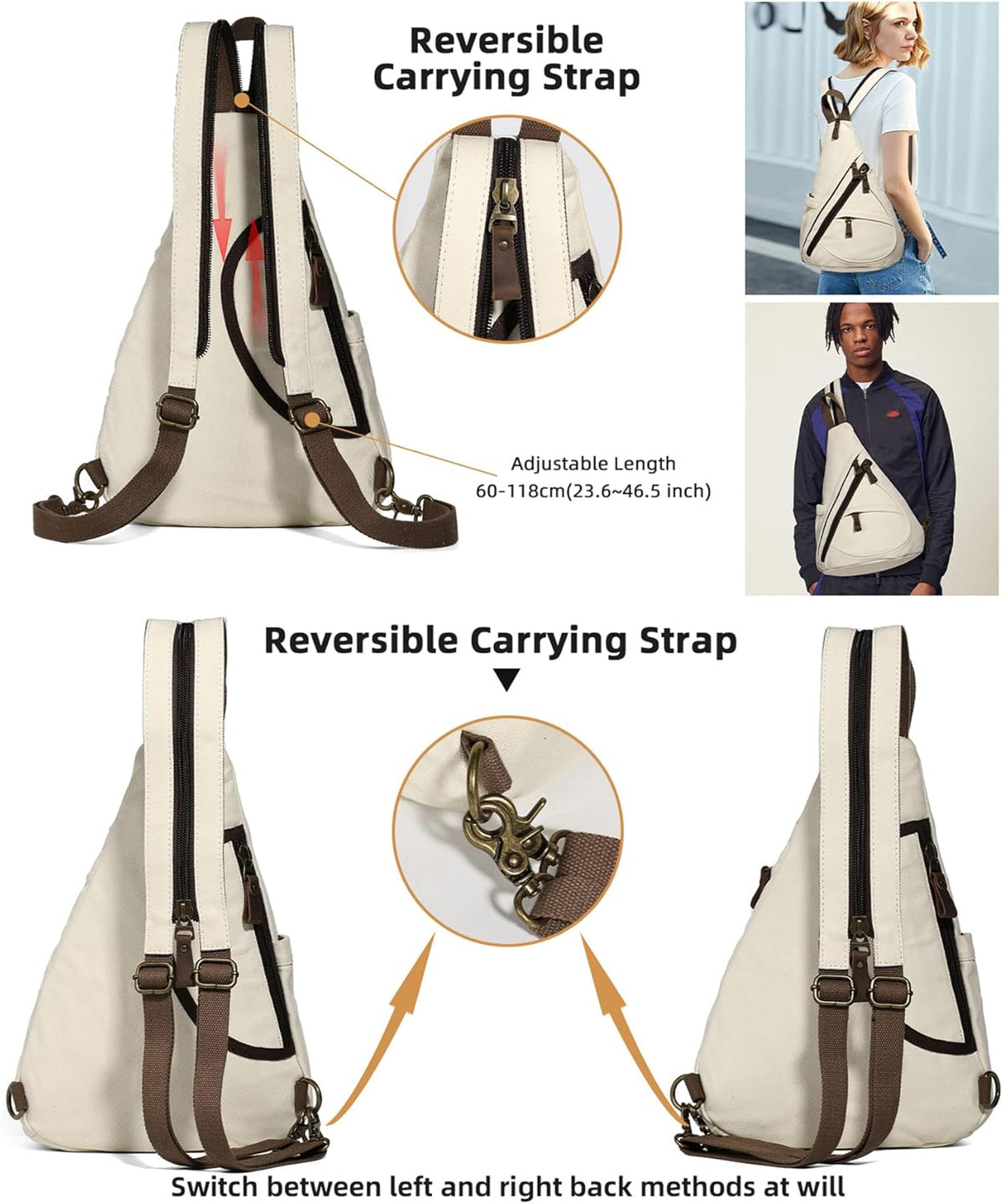 Canvas Sling Bag - Small Crossbody Backpack Shoulder Casual Daypack Rucksack for Men Women(Large Version,Khaki)