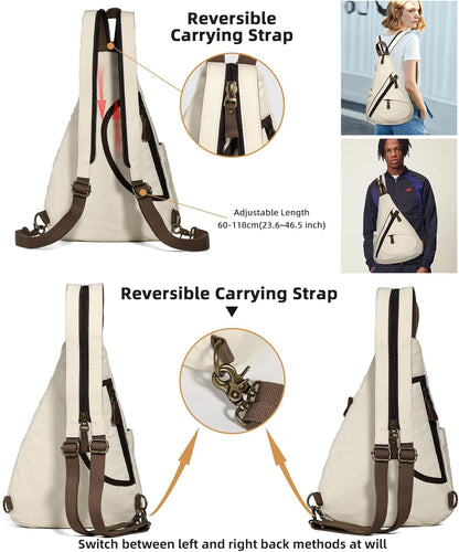 Canvas Sling Bag - Small Crossbody Backpack Shoulder Casual Daypack Rucksack for Men Women(Large Version,Khaki)