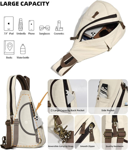 Canvas Sling Bag - Small Crossbody Backpack Shoulder Casual Daypack Rucksack for Men Women(Large Version,Khaki)